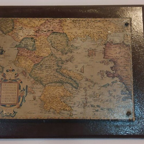 Wooden vintage board used with decorative map of Europe