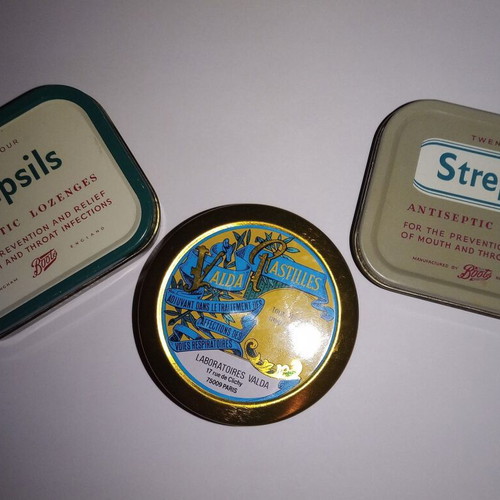 Vintage metal collectible tins Strepsils and Valda lozenges used, set of 3