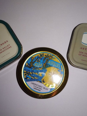 Vintage metal collectible tins Strepsils and Valda lozenges used, set of 3