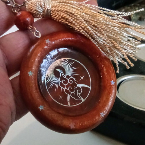 Handmade brown keychain bag pendant made of wood and resin new