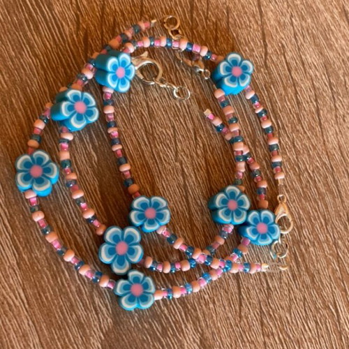 Set of 3 handmade friendship bracelets pink and blue with flowers