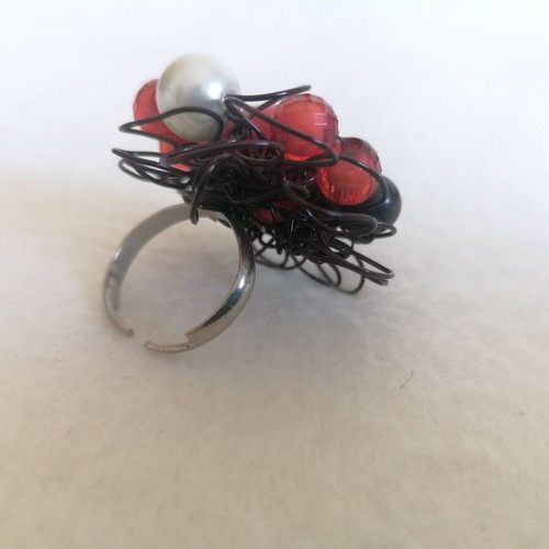 Handmade ring new with black, red and silver beads