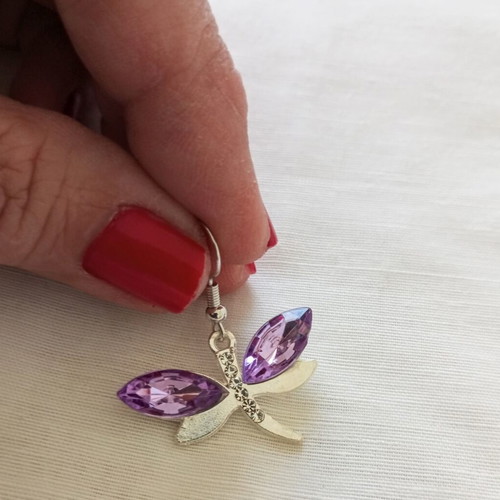 Dragonfly earrings new with purple crystals and rhinestones in silver steel