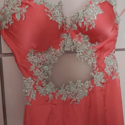 Saten prom dress used, coral with gold lace embroidery and cut-out