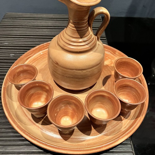 Ceramic handmade serving set with carafe, 6 glasses and platter