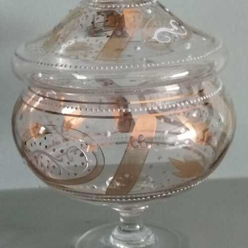 Handmade antique glass fondantière with 24K gold and enamel