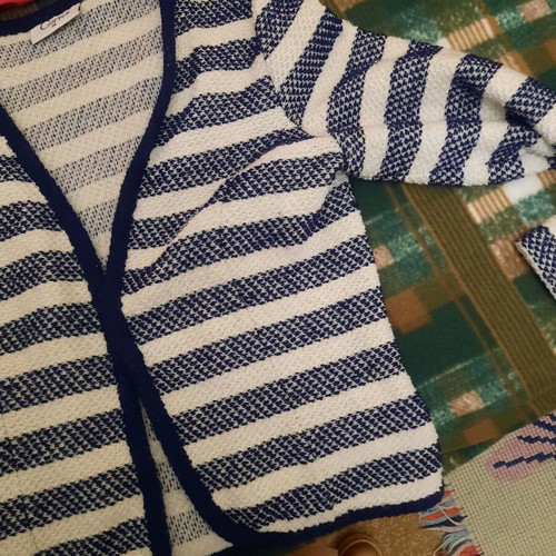 Striped cardigan used, blue and white, fits small and medium