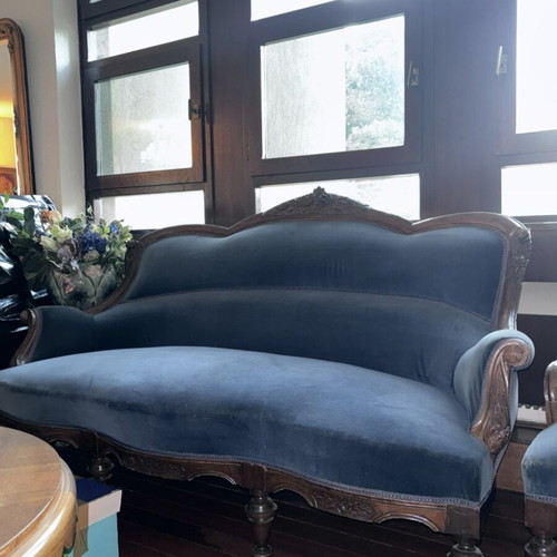 Vintage living room set like new, solid wood, velvet fabric