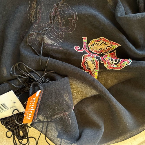 Scarf new black with embroidered details and fringes