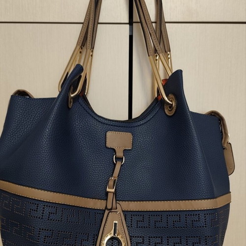 Large women's hobo bag, dark blue with brown details, perforated Greek meander