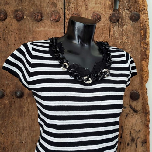 Vintage Y2K Knit Striped Top with Chunky Chain and Lace Neckline, used