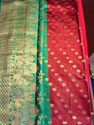 Red silk sari with green edges new
