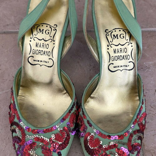 Mario Giordano Italian Vintage Slingback Heels with Sequin Embroidery