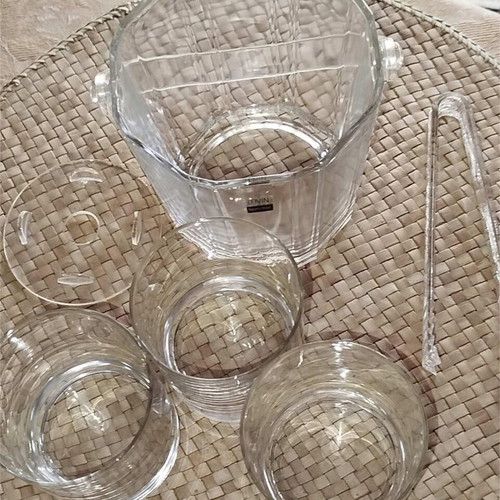 Sasaki glass ice container and 3 used whiskey glasses