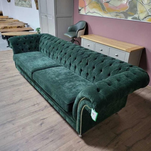 Large green Chesterfield fabric sofa new, four-seater