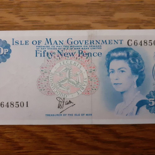 Bank of Isle of Man 50 Pence 1979 used with small tear
