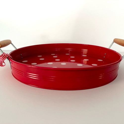 Spiegelburg metal serving tray with wooden handles, like new, red with white dots