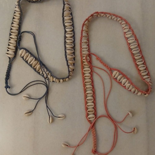 Boho belts with real shells, used, adjustable size, pink and blue
