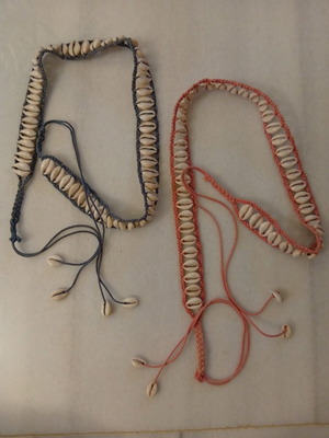 Boho belts with real shells, used, adjustable size, pink and blue