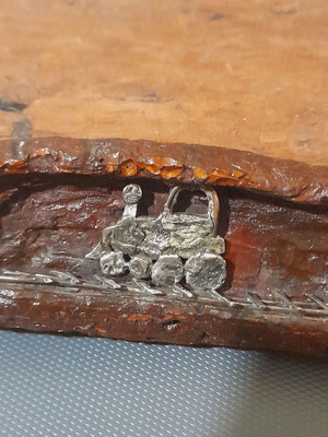 Handmade silver decoration 925 with train on wood new