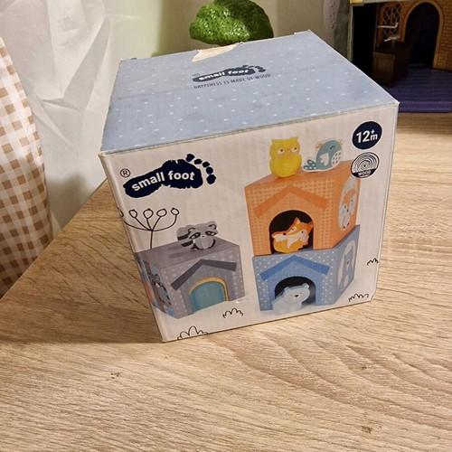 Small Foot stacking toy cubes and animals used