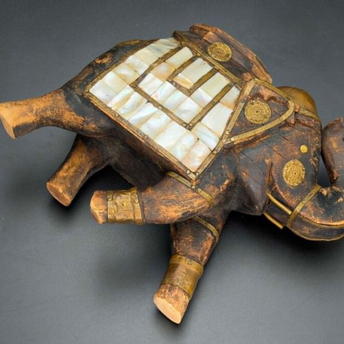 Decorative handmade vintage elephant wood brass mother of pearl