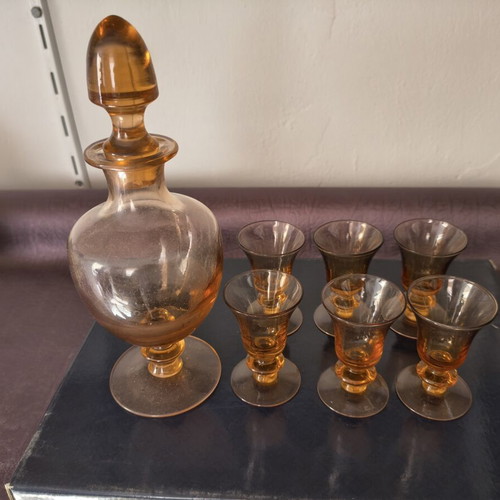 Vintage amber glass drink set with decanter and 6 glasses, 1970s