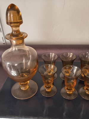 Vintage amber glass drink set with decanter and 6 glasses, 1970s