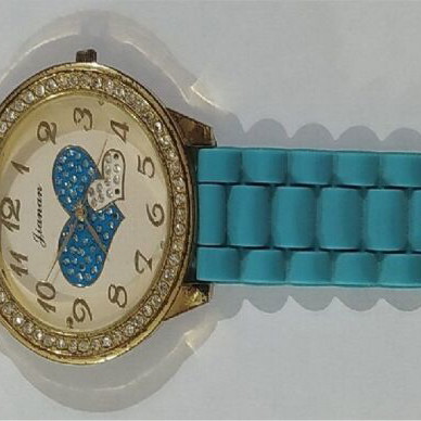 Youthful women's watch with rhinestones used, blue TPU strap