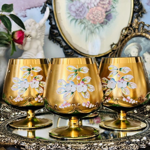 Vintage set of 6 green crystal glasses with gold decoration