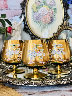 Vintage set of 6 green crystal glasses with gold decoration