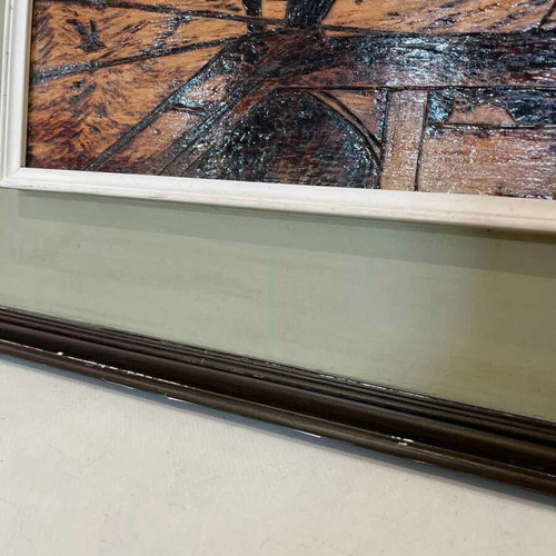 Vintage pyrography wall art with seabirds and artist signature, 49x55