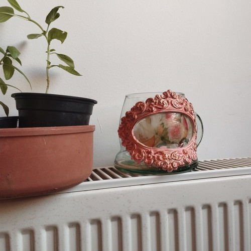 Decoupage glass vase with rose designs, like new