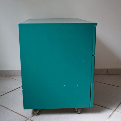 Wooden drawer cabinet used green with 3 drawers and wheels
