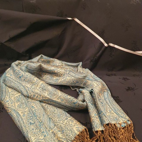 Scarf used, blue and gold, 70 x 190cm