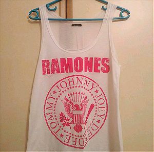 Αμάνικη λευκή μπλούζα Ramones με φούξια στάμπα, Large