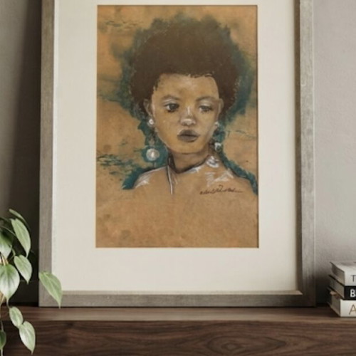 Hand-Drawn Charcoal and Wax Crayon Portrait, Framed Artwork
