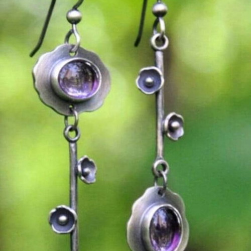 Asymmetric silver flower earrings with purple crystal new