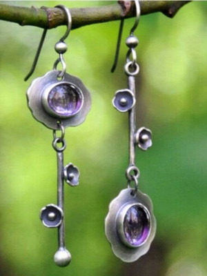 Asymmetric silver flower earrings with purple crystal new