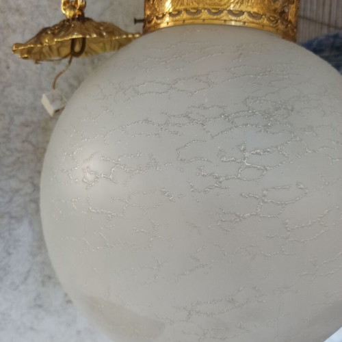 Vintage brass ceiling light with crackle glass globe