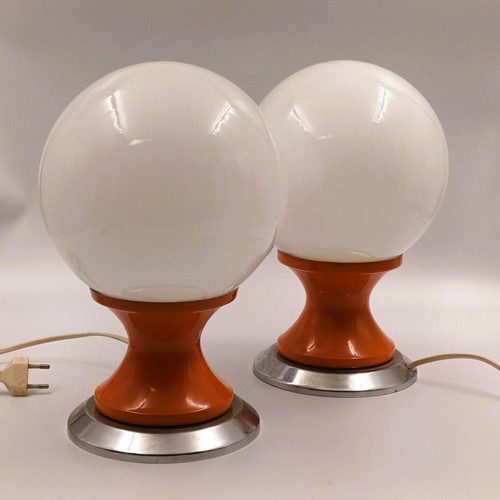 Vintage Space Age Table Lamps Pair 1970s Orange Metal Chrome