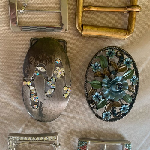 Six belt buckles, used, assorted condition, pack