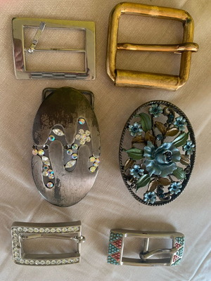 Six belt buckles, used, assorted condition, pack