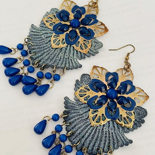 Statement Chandelier Earrings with Royal Blue Beads and Gold Embroidery