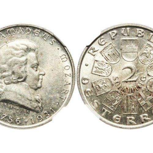 1931 Austria 2 Schilling Mozart silver coin MS61 NGC