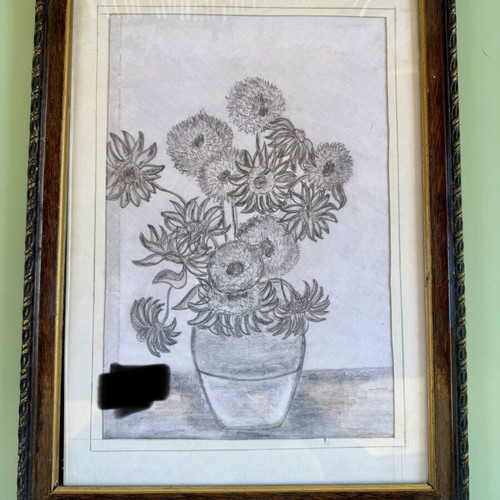 Pencil sketch in wooden frame with protective glass