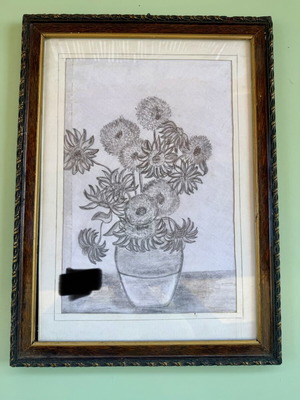 Pencil sketch in wooden frame with protective glass