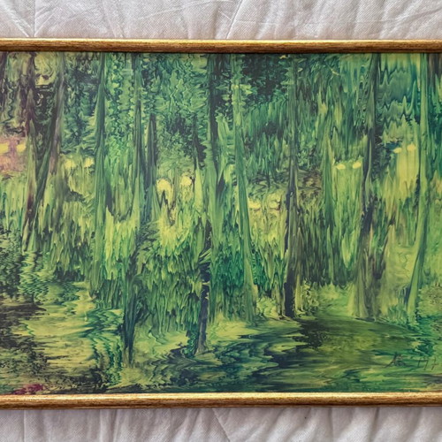 Abstract green landscape on canvas, like new, signed and framed