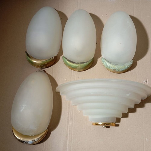 Opaline Art Deco wall lights used, set of 5 pieces