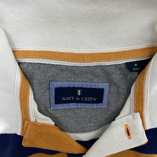 Navy & Green men's polo shirt, medium, striped blue white mustard
